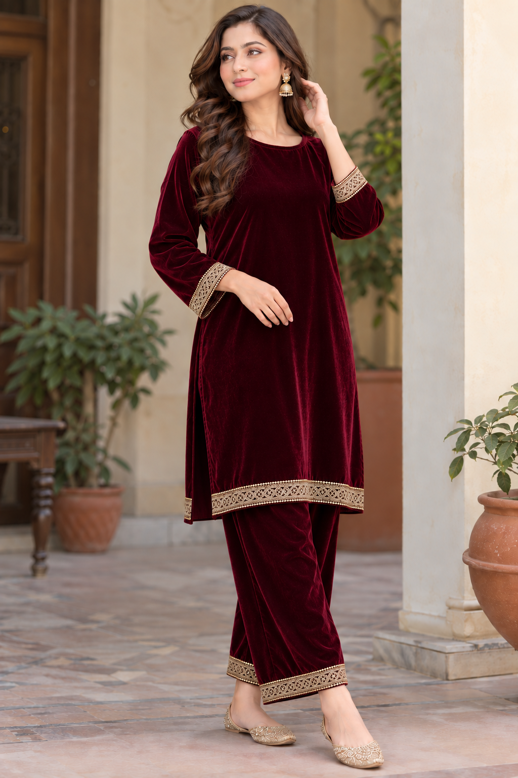 Maroon Velvet 2 Piece Stitched Suit