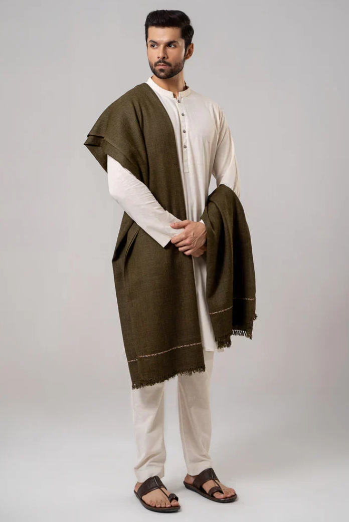 Classic Men's Wool Winter Shawl - Olive Green