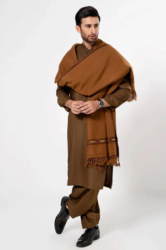 Classic Men's Wool Winter Shawl - Copper Brown